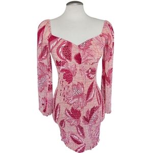 Guess Pink Floral Mini Dress XS Stretchy Open Neck Blouson Sleeves Y2K Prom
